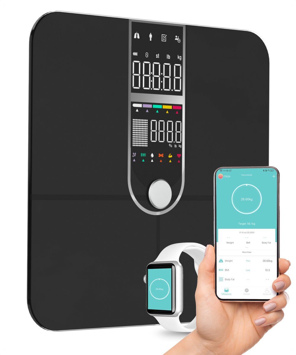 Dymac Quantum Fit Waage Personenwaage Digital - Schwarz - Intelligente Waage mit 16-facher Körperanalyse inklusive Fettanteil - inkl. App