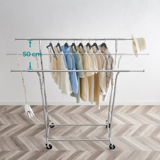 O'DADDY® Kleiderständer - Garderobenständer - Doppelstab - ausziehbar und verstellbar - stabiles Design - 110 kg Tragkraft - Metall - Silber