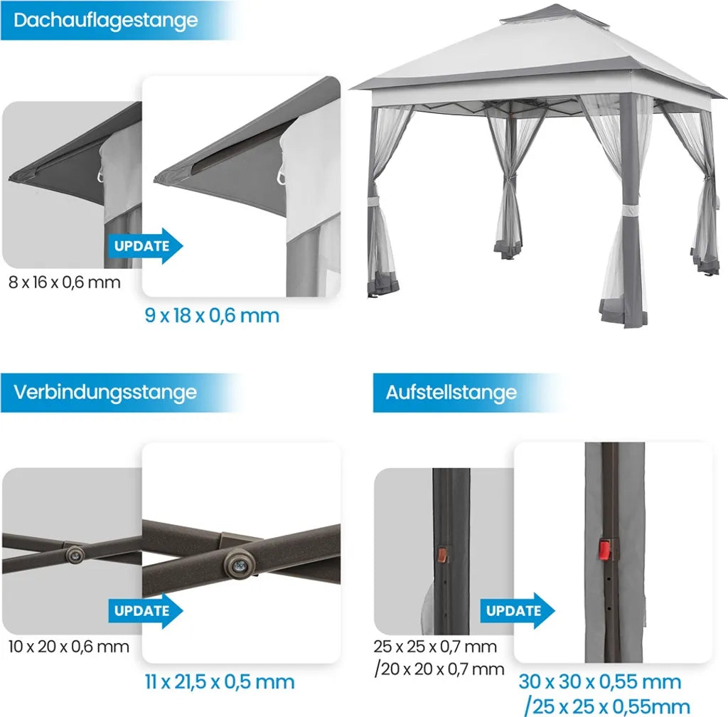 Yaheetech Pop-up-Partyzelt 330 x 330 cm – Hellgrau/Dunkelgrau – Zusammenklappbarer Gartenpavillon mit doppeltem Dach und 4 Seitenwänden aus Netzgewebe