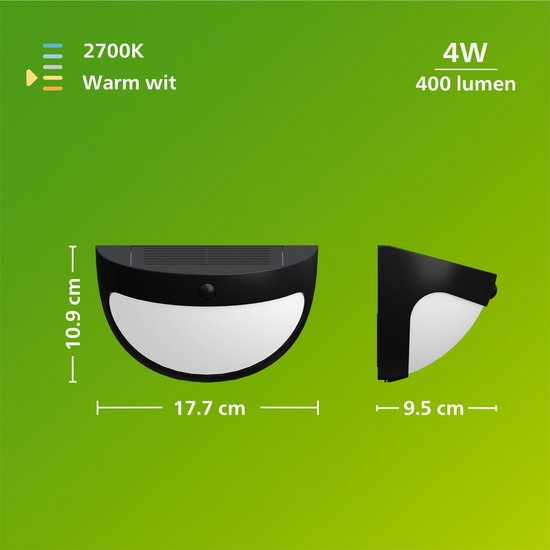 Philips Swyn Solar-Wandleuchte – Solarbetrieb – Warmweißes Licht: 2700 K – Schwarz – Zwei Leuchtstufen – Dämmerungssensor – Bewegungssensor – IP44: wetterfest – Solar-Außenbeleuchtung