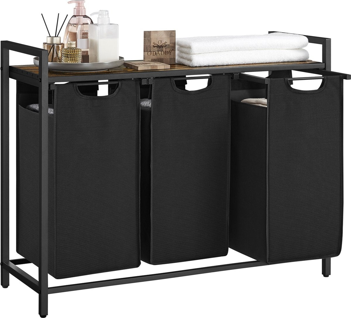 O'DADDY® Wäschekorb 3 Fächer - Wäschesortierer - ausziehbar mit Einlegeboden - 92,5 x 33 x 71 cm - Wäschekorb - 168 L unterteilt in 3 Fächer - Wäschekörbe - Wäschekorb schwarz Metall - Holz braun