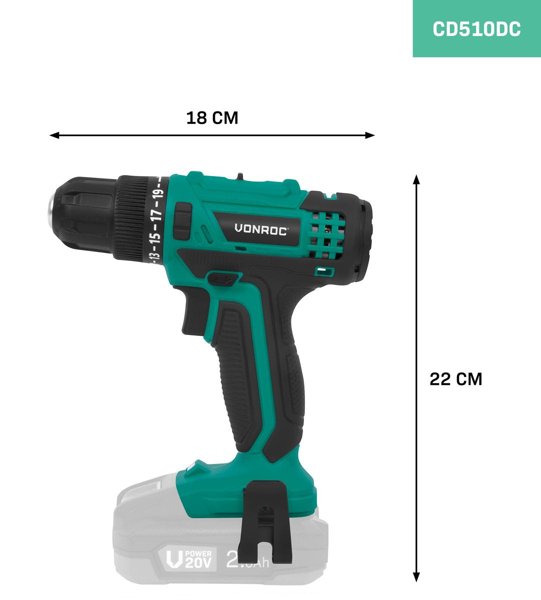 Vonroc Akku-Bohrmaschine 20V - 19 Schraubmodi + Bohrmodus - Inkl. 2 Bits - Ohne Akku & Schnellladegerät