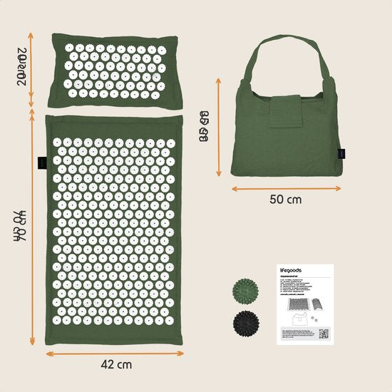 LifeGoods Akupressurmatte Eco - mit Kissen - Shakti Matte - Nagelmatte Inkl. 2x Triggerpunkt Ball und Tragetasche - 72x43x2cm - Grün/Weiß