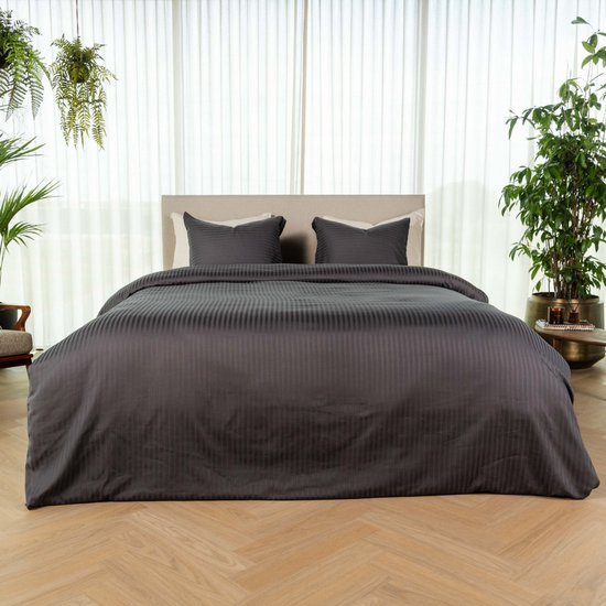 Kayori Elin Bettbezug aus Baumwollsatin – 260 x 200–220 cm + 2 Kissenbezüge – Einzelbetten – Anthrazit