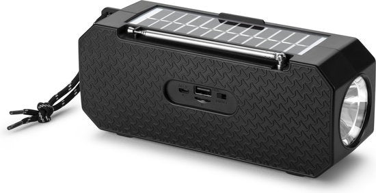 Denver Notfallradio - Bluetooth-Lautsprecher - Solar-Powerbank - 80W - FM-Radio - Taschenlampe - USB - BTG158 - Schwarz