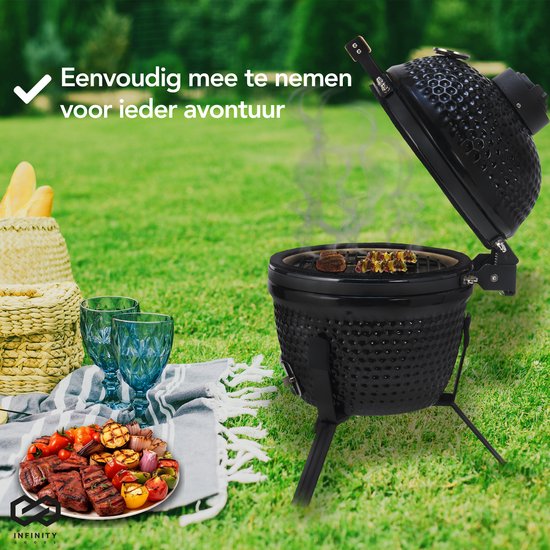 Infinity Goods Kamado BBQ Ei - 13 Zoll - Inklusive Abdeckung - Holzkohle BBQ - Ø 27 CM - Schwarz