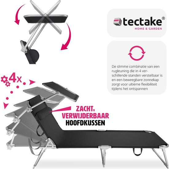Tectake - Sonnenliege - Stahlgestell mit Schiebedach - robust, 4-fach verstellbare Rückenlehne inklusive Kissen - Ideal für Garten, Pool, Camping - Schwarz