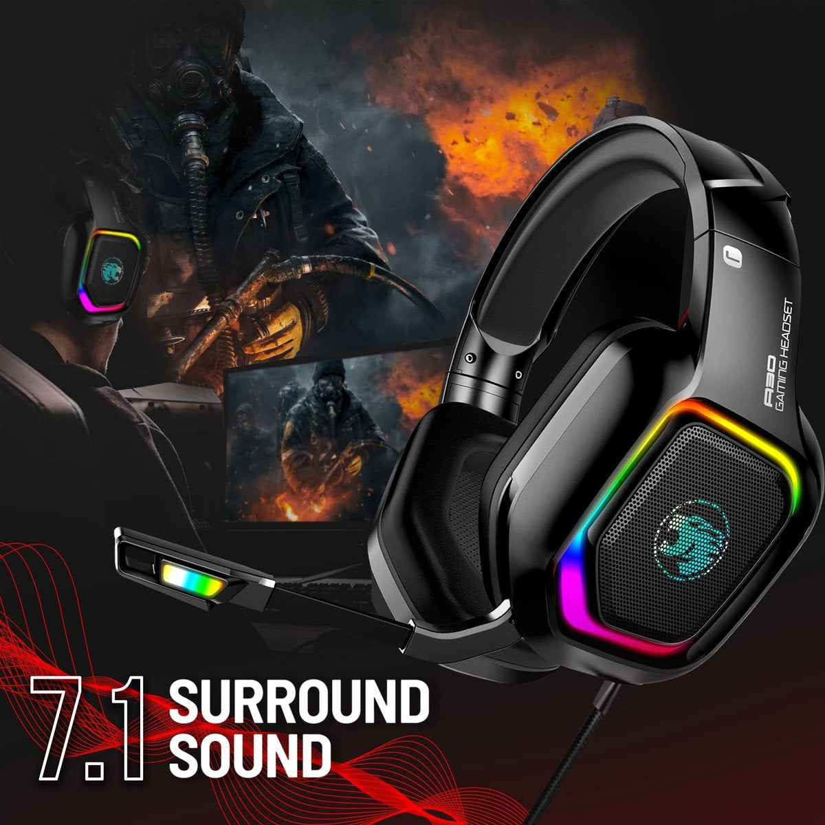 URGOODS - Pro Gaming Headset - mit Mikrofon - 7.1 Surround Sound für PS4, PS5, Xbox One, Xbox Series und PC - Schwarz