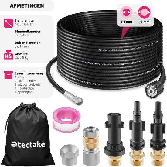 tectake Kanalisationsschlauch - Rohrreinigungsschlauch 2x Rohrreinigungsdüse - Abflussreiniger für Hochdruckreiniger - Rohrreinigung - Abflussleitung - Kanalreiniger - Toilettenreiniger - 30 Meter