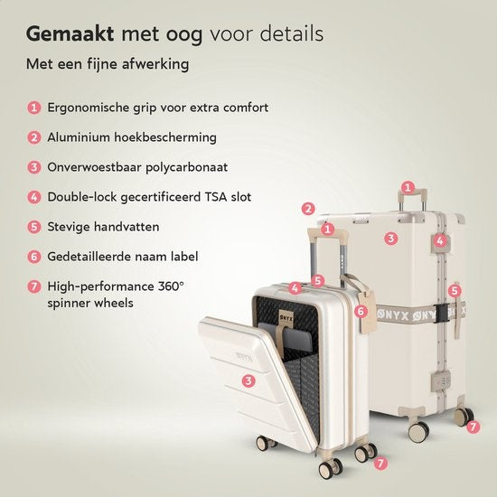 ONYX® - 2-teiliges Kofferset - Handgepäck mit Fronttasche und Check-in-Koffer - 35L/100 L - TSA-Schloss - Leichter Trolley - Aluminiumverschluss - Beige