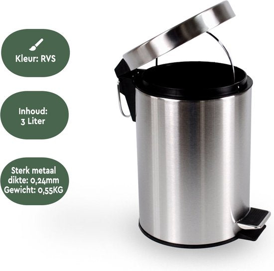 BRASQ Treteimer 3 Liter - Edelstahl - PB103 - Mülleimer mit herausnehmbarem Treteimer - Mülleimer - Abfalleimer - Abfalleimer - Bad oder Toilette
