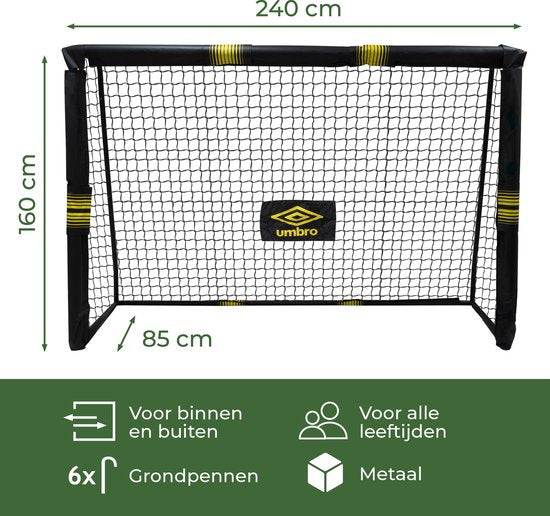 Umbro Fußballtor - Fußballtor 240 x 160 x 85 cm - Fußballtor groß - Outdoor-Spielzeug für Kinder und Erwachsene - schneller Aufbau - Fußball-Trainingstor - Metall - Schwarz/Gelb