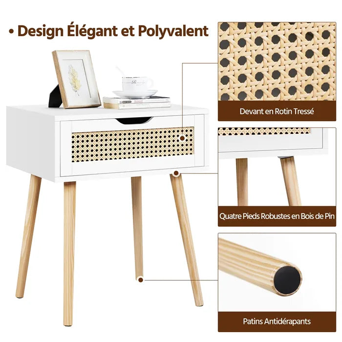 Yaheetech Nachttisch 48,5 x 40 x 57,5 cm – Rattan-Optik – 1 Schublade – Weiß