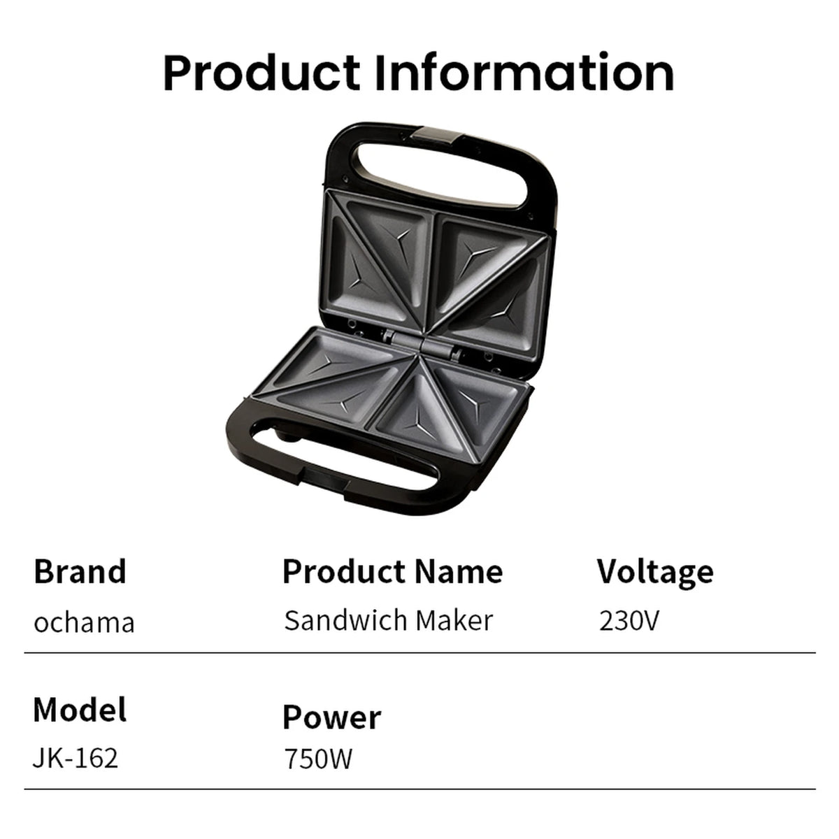 Ochama Sandwichmaker 750 W – Doppelte Grillplatten – Knusprige Toasts – Antihaftbeschichtung – Schwarz