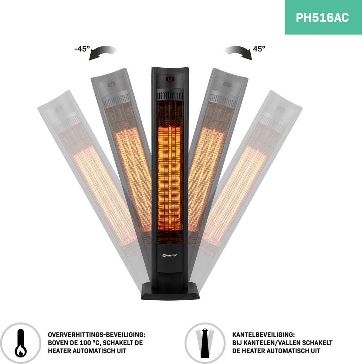 VONROC Terrassenstrahler Filicudi - Infrarot - 2000W - Hoher Wirkungsgrad - Kohleelement - 2 Heizarten - LCD-Bildschirm - Inkl.
