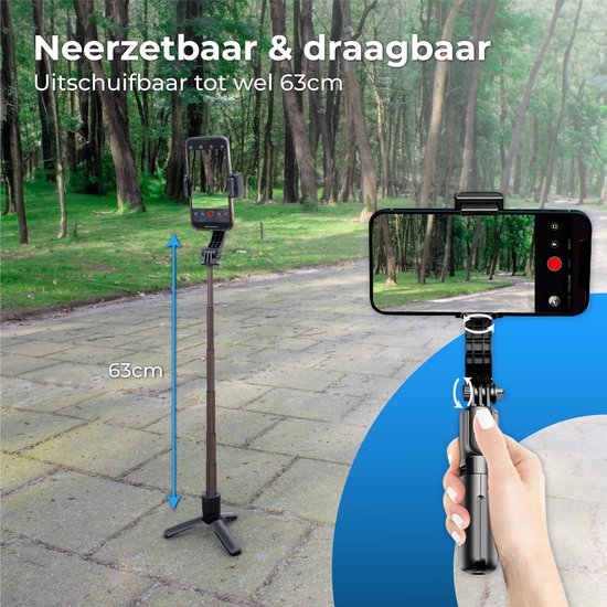 Nuvance - Gimbal Stabilisator für Smartphone - Selfie Stick - mit Stativ und Fernbedienung - Stativ