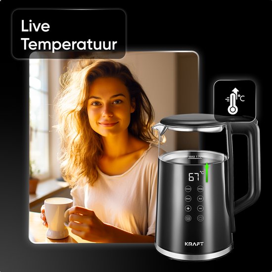 KRAFT - Wasserkocher - mit Temperaturregelung - 1,7 Liter - 2200W - Glas - LED Touch - Schwarz