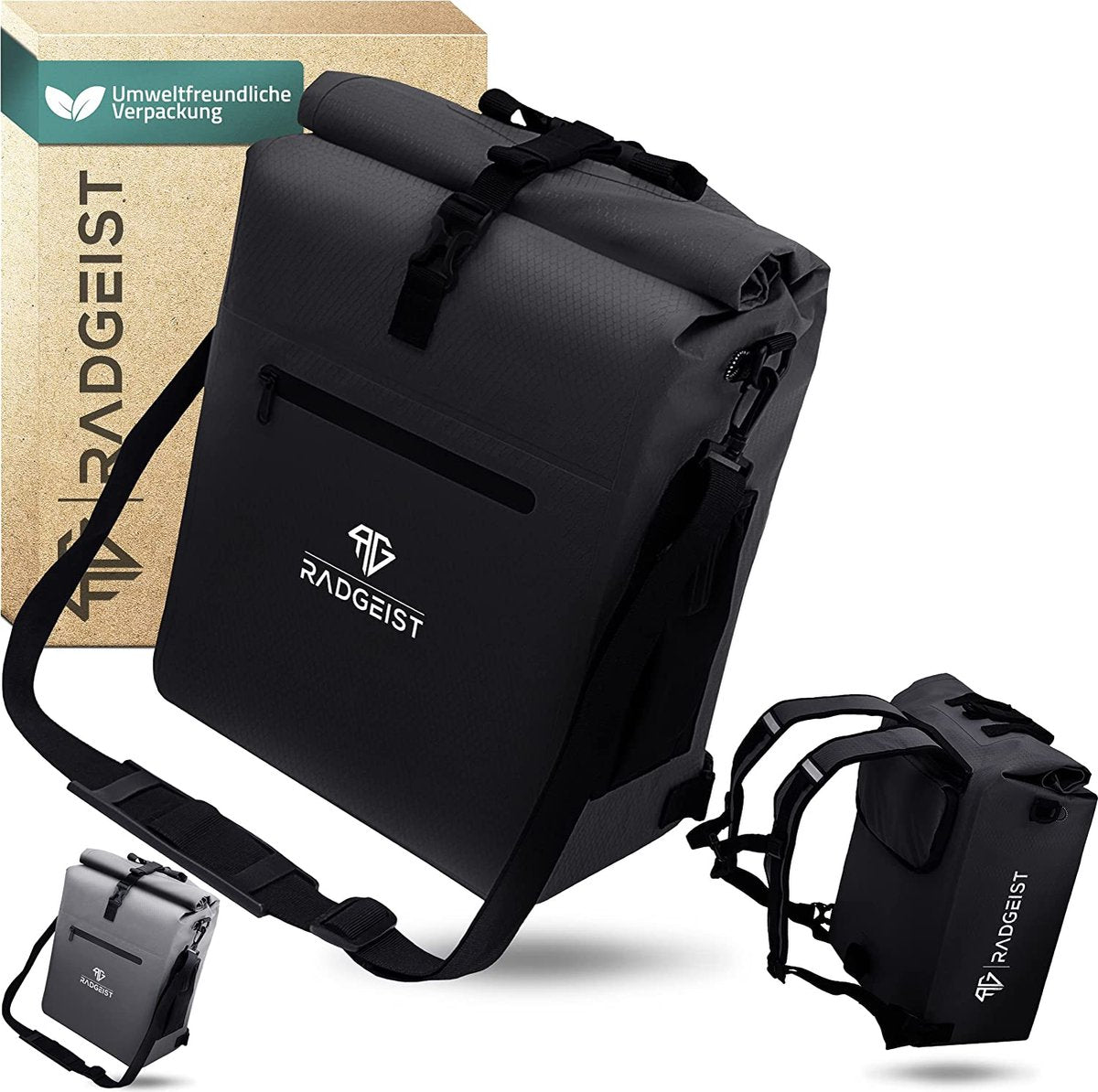 RADGEIST 3-in-1 Packtasche für Gepäckträger - Rucksack, Umhängetasche & Gepäckträgertasche - Wasserdicht mit Laptopfach 25L - Schwarz