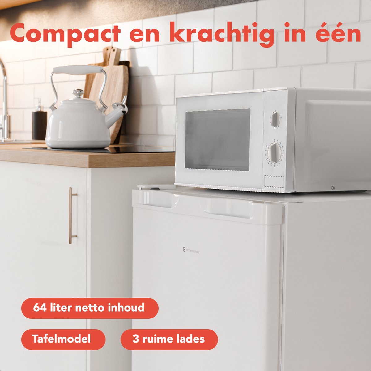 KitchenBrothers Gefrierschrank - 64L - Kompakte Tischplatte - 3 Gefrierschubladen - Gefrierschrank - Freistehend - Weiß