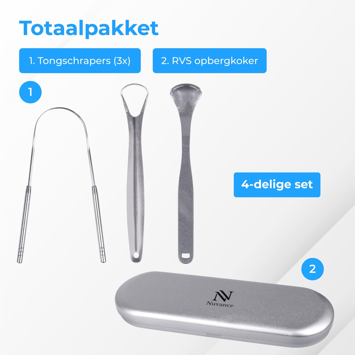 Nuvance - Professioneller Zungenschaber - 3 in 1 Set - für die Mundpflege - Zungenreiniger - Zungenschaber - Zungenschaber - Edelstahl