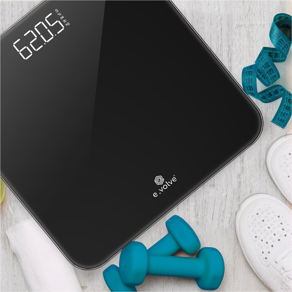 E-volve - Personenwaage Digital - Inklusive Batterien - Gehärtetes Glas - LCD Display - Bis zu 180 kg - Genaue Messung - Schwarz
