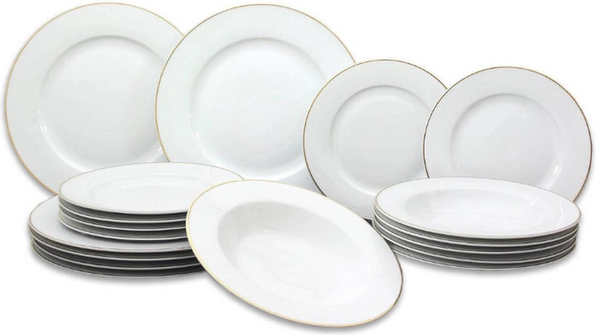 Studio Tavola 18-teiliges Geschirrset Weiß mit Goldrand - 6 Speiseteller Ø 27,5 cm, 6 tiefe Teller Ø 21,5 cm, 6 Frühstücksteller Ø 20,5 cm