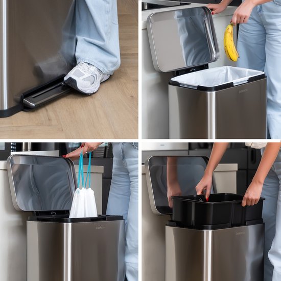 Deleca Mülleimer Prestige - 50 Liter - Breit - Edelstahl Mülleimer / Abfallbehälter / Tret-Abfallsammler - Mit Fußpedal und Slow Close - Matt Silber