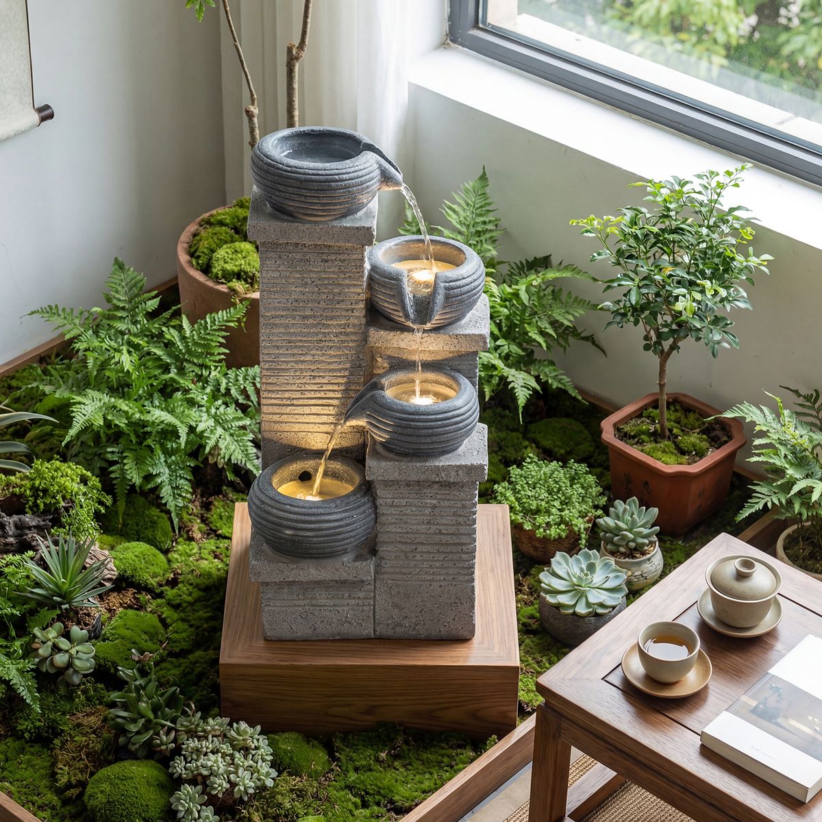 Coast Gartenbrunnen mit LED-Beleuchtung – Vierstufiger Wasserfall – Kunstharz und Glasfaser – Grau 28 x 22 x 58 cm
