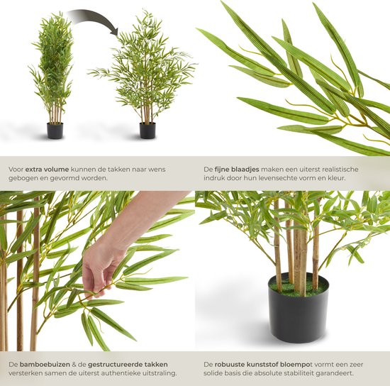tectake® Künstlicher Bambusbaum - Naturgetreue Kunstpflanze mit realistischen Blättern und stabilem Blumentopf - Pflegeleicht und vielseitig einsetzbar - Höhe: 120 cm