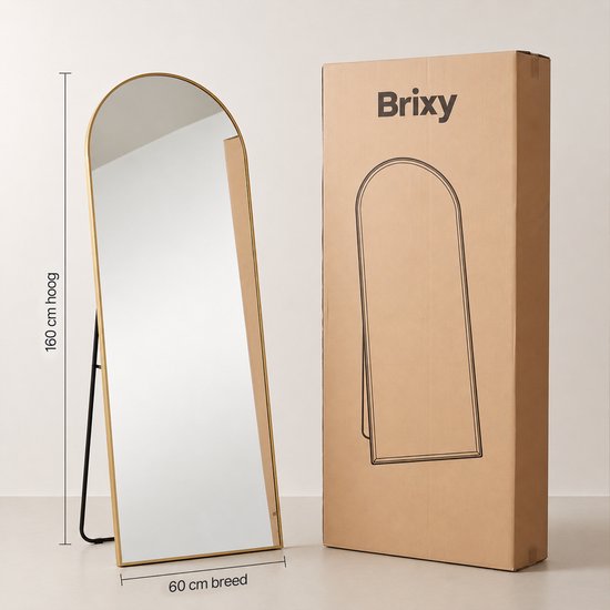 Infinity Goods Ganzkörperspiegel – 160 x 60 cm – Design-Wandspiegel – Standspiegel mit Metallrahmen – zur Aufhängung – Ankleidezimmerspiegel – abgerundet – modern – goldfarben