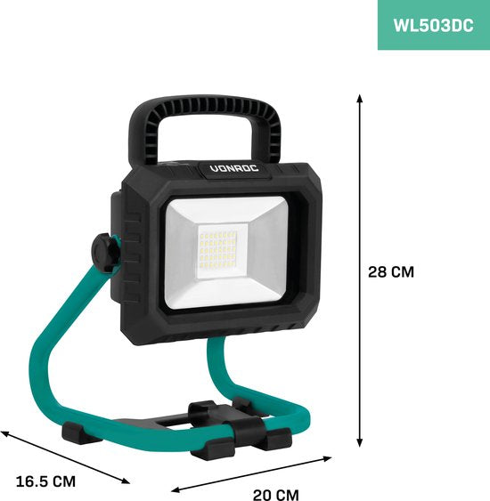 VONROC Akku-Bauleuchte 20V - LED - 20W - 2 Modi: 900/1800 Lumen - schwenkbar - breiter Abstrahlwinkel - ohne Akku & Ladegerät
