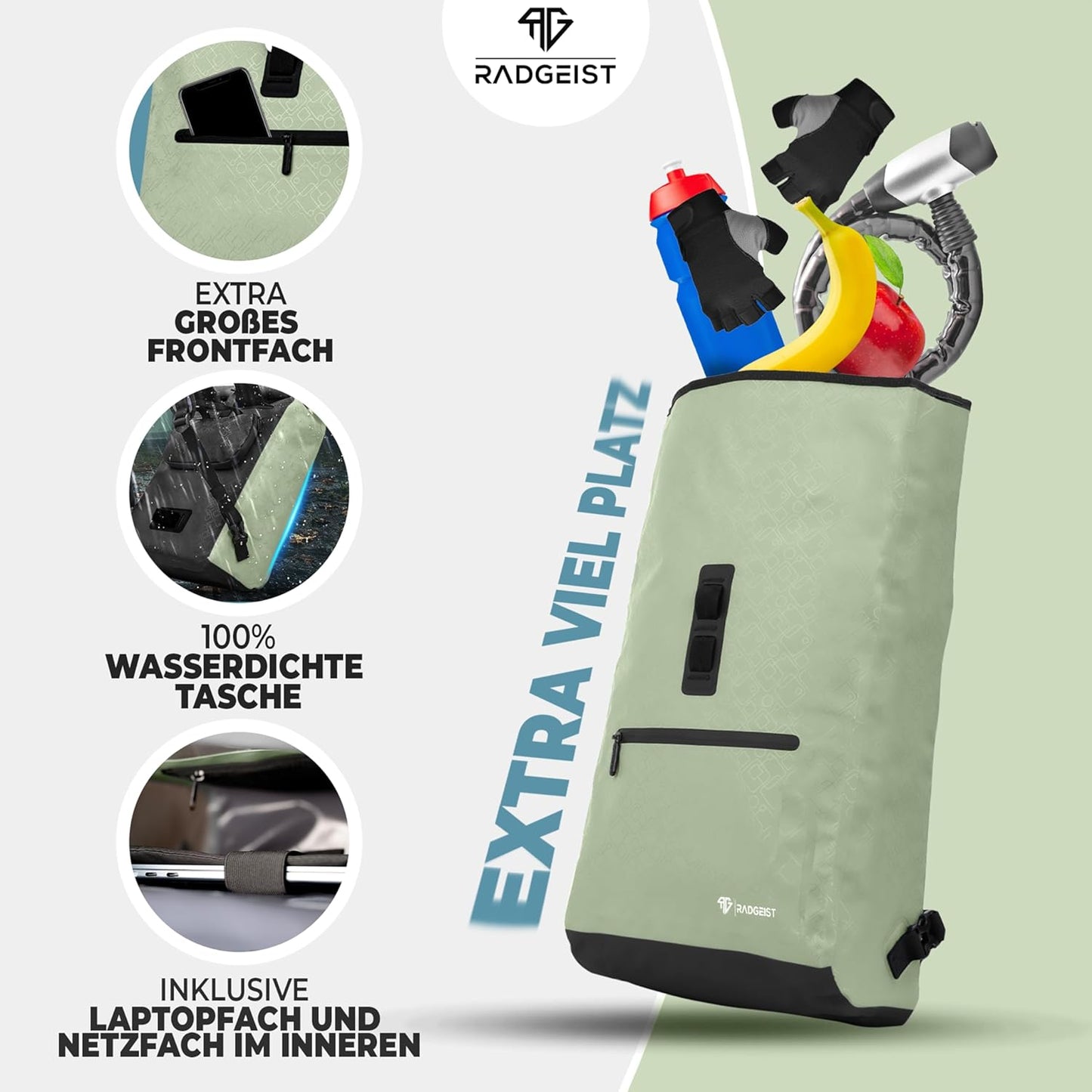 RADGEIST Fahrradtasche für Gepäckträger I Fahrradtasche & Rucksack I Fahrradtasche für Frauen & Männer I Umhängetasche & Fahrradtasche für Fahrrad 20L Mint