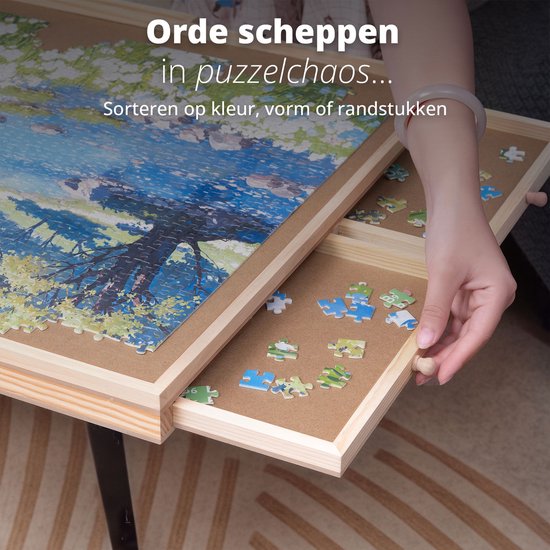 FlinQ Puzzlebrett mit Aufbewahrungssystem - Puzzlebrett mit Schutz - 6 Schubladen und Sortierfächer für 1500 Teile - Holzpuzzlematte - Puzzletisch - Porta-puzzle - 89x68.7x4 cm