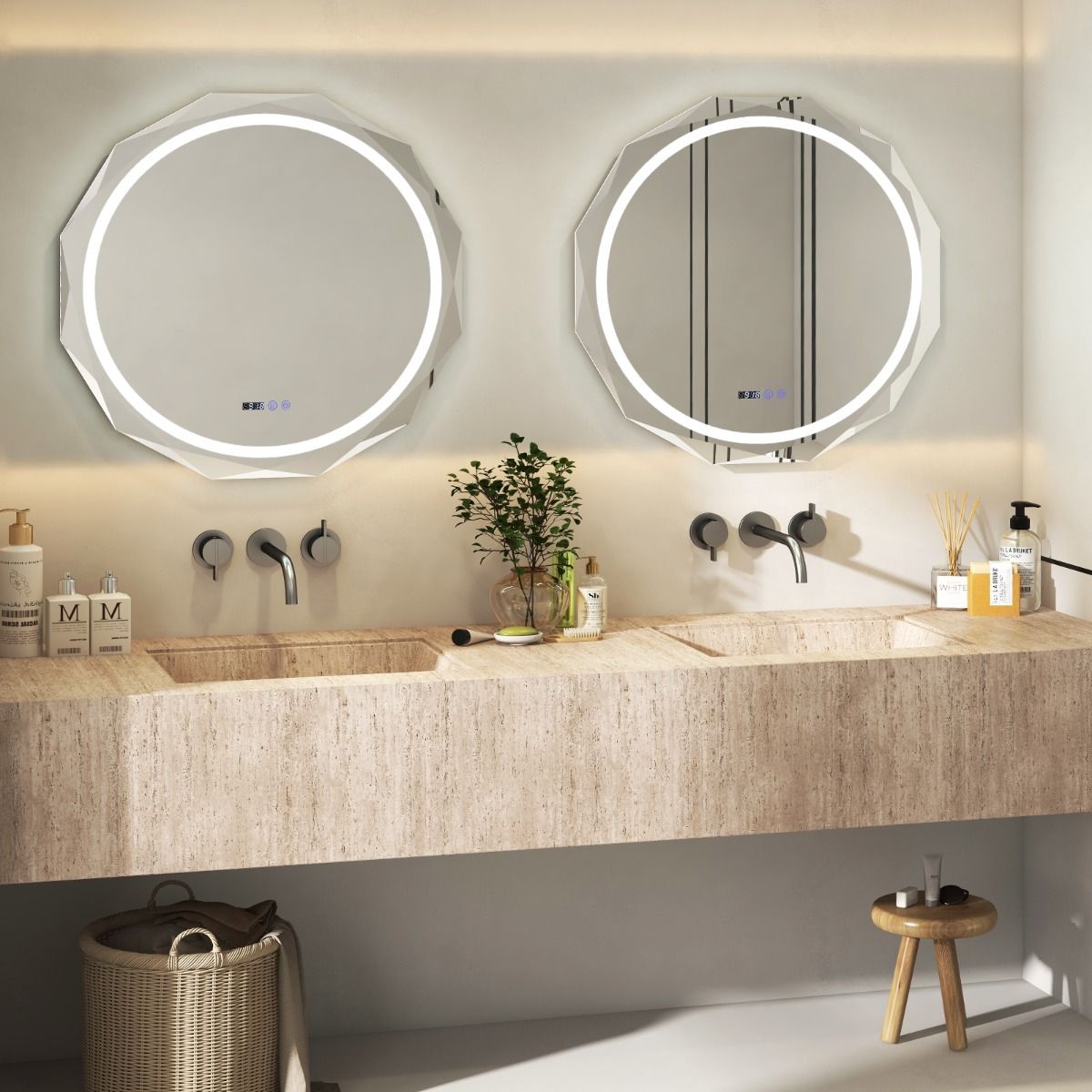 Coast LED-Badezimmerspiegel 76x76 cm Silber/Weiß mit Anti-Beschlag, Beleuchtung, Uhr und Temperaturanzeige