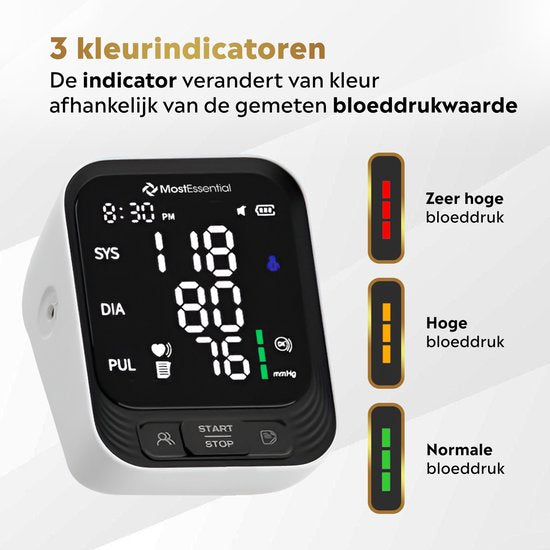MostEssential Premium Oberarm-Blutdruckmessgerät - Herzfrequenzmesser - 398 Messwerte Speicher - USB-C-Kabel enthalten - 30S