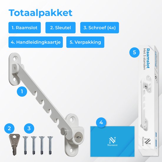 Nuvance Fensterhebel – Fensterarretierung – Kippfensterhalter – Windhaken – 5 Positionen – Fensterschloss – Windhaken – Kindersicherung – Weiß