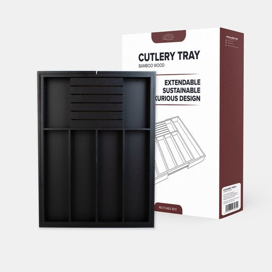 Nimma Besteckkasten - Ausziehbar - 7-Besteckschubladen - 43,5 cm tief - 5cm hoch - Bambusholz - Schwarz