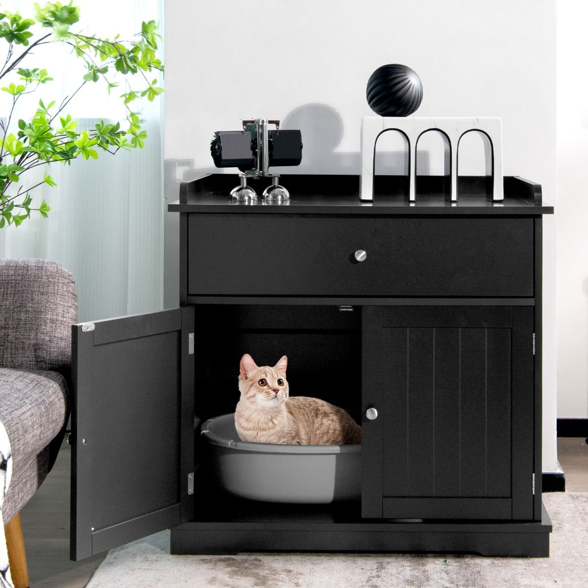Coast Katzenklo und Katzenhaus mit Schublade und 2 Türen - Schwarz - 76 x 53 x 73,5 cm - Multifunktionaler Beistelltisch