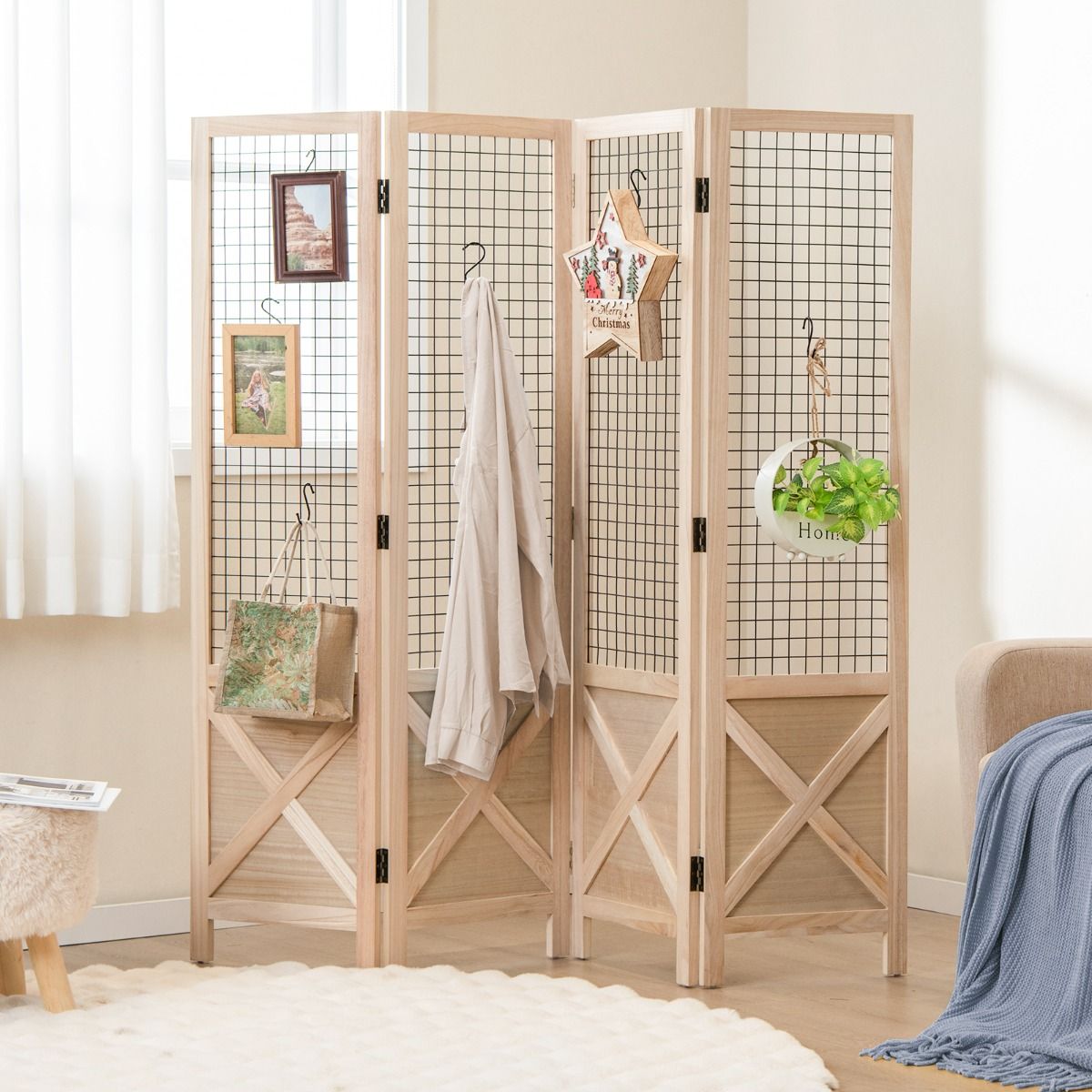 Coast Zusammenklappbare Holz-Raumteiler Gitterwand 4-tlg. - 151 x 144 cm - Natur