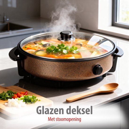 Alpina Pfanne – Party-Pfanne mit Deckel und Thermostat – Antihaftbeschichtung zum Braten und Warmhalten – 1500 W elektrische Pfanne mit Glasdeckel – Cool-Touch-Griffe – Ø 40 cm