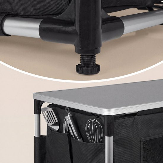 Tristar Klappbarer Camping-Schrank – Aluminiumrahmen – 3 Ebenen – Verstellbare Füße – Seitentaschen – Inklusive Tragetasche – Schwarz - CU-0809