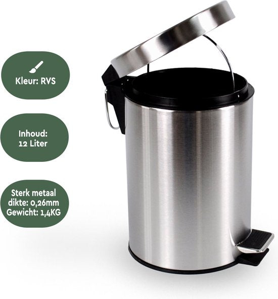 BRASQ Treteimer 12 Liter - Edelstahl - PB112 - Abfalleimer mit herausnehmbarem Treteimer - Abfalleimer - Mülleimer - Abfalleimer - Bad oder Toilette