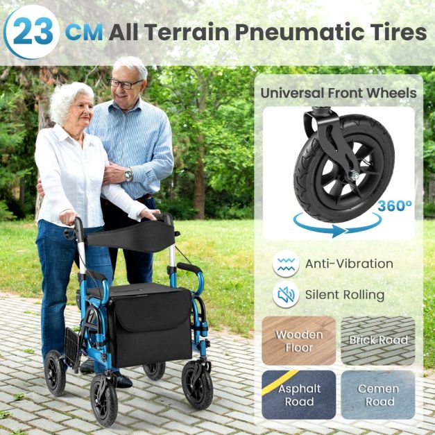 Coast 2-In-1 Rollator - Gehhilfe - Einstellbar - Mit Tasche - Schwarz/Blau
