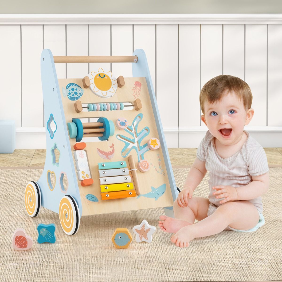 Coast Wooden Baby Rollator Montessori Activity Centre auf Rädern - 8-in-1 Push & Pull Spielzeug - Blau - 35 x 33 x 48 cm