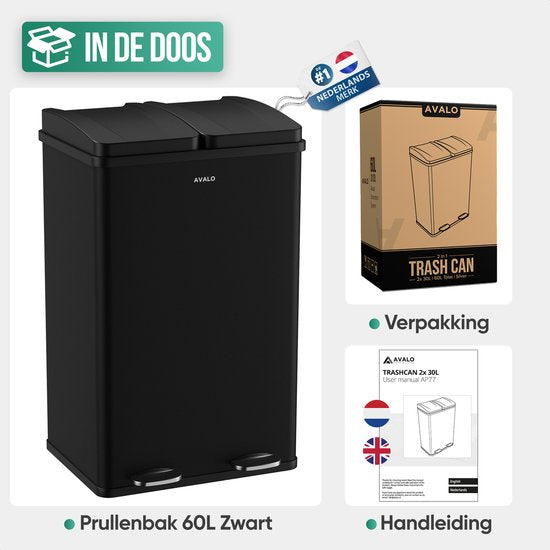 Avalo Mülleimer Abfalltrennung 60 Liter - Edelstahl Schwarz - 2 Fächer - Umweltbewusst, Hygienisch & Fingerabdruckfrei - Treteimer / Mülleimer