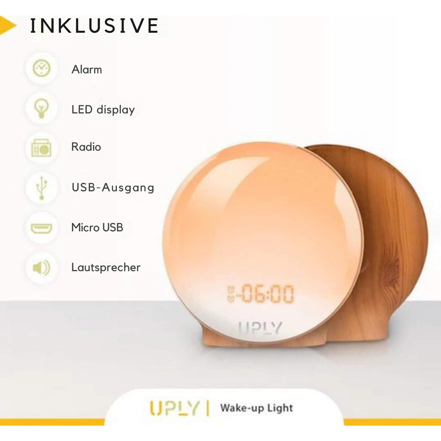 UPLY - Wake Up Light - Lichtwecker mit USB-Ladestation - mit 4 Alarmen - WiFi - Google Home | Amazon Alexa - Weiß