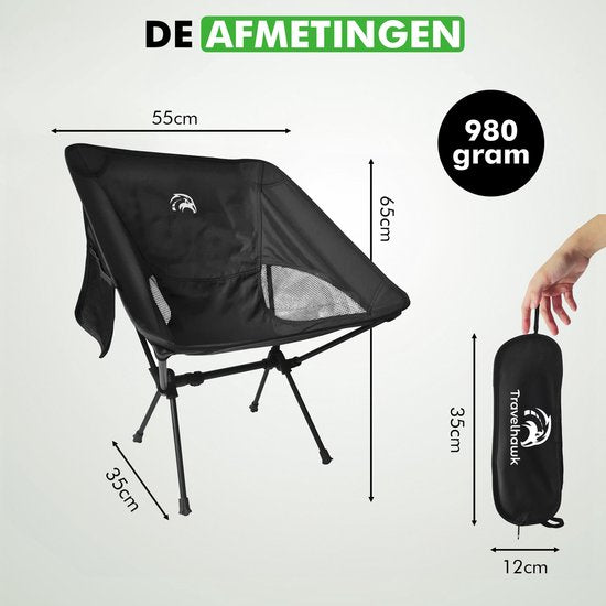 Travelhawk Campingstuhl - Strandstuhl - Strandstuhl faltbar - Angelstuhl - Klappstuhl - faltbar - Leichtgewicht - Schwarz