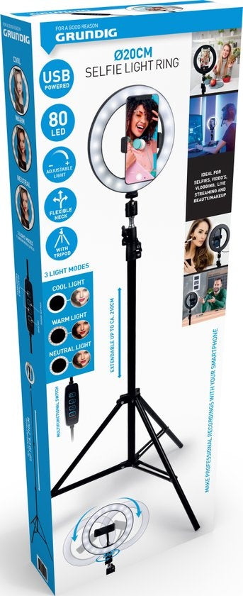 Grundig Ringlampe mit Stativ und Handyhalterung - Verstellbar bis zu 210cm - Geeignet für TikTok und YouTube - 3 Lichtmodi