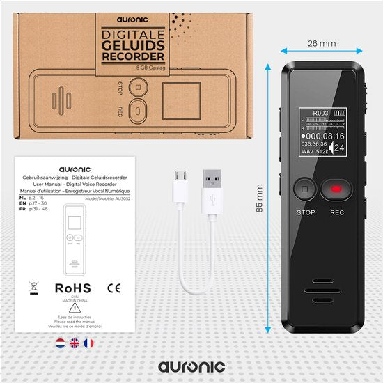 Auronic Digitales Diktiergerät - Diktiergerät - 8GB Speicher - Rauschunterdrückung - USB wiederaufladbar - Abhörgerät - Schwarz