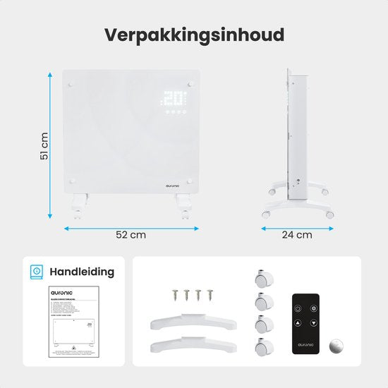 Auronic Elektroheizung - Konvektorheizung mit Thermostat und Fernbedienung - Glasheizkörper - 1000W Heizleistung - Weiß